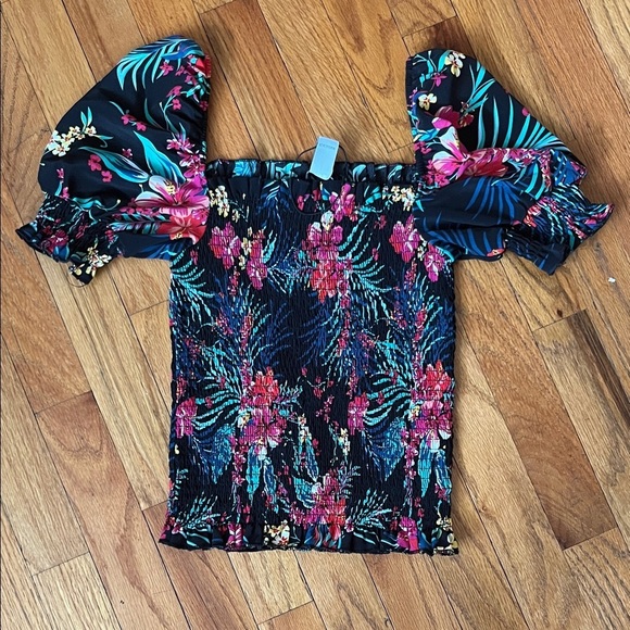 Revamped Tops - Revamped Floral Off-Shoulder Smocked Crop Top - Black, Pink, Teal